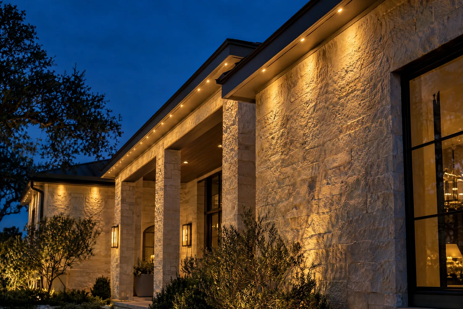 Illustrative close-up of subtle eave lights and limestone wall